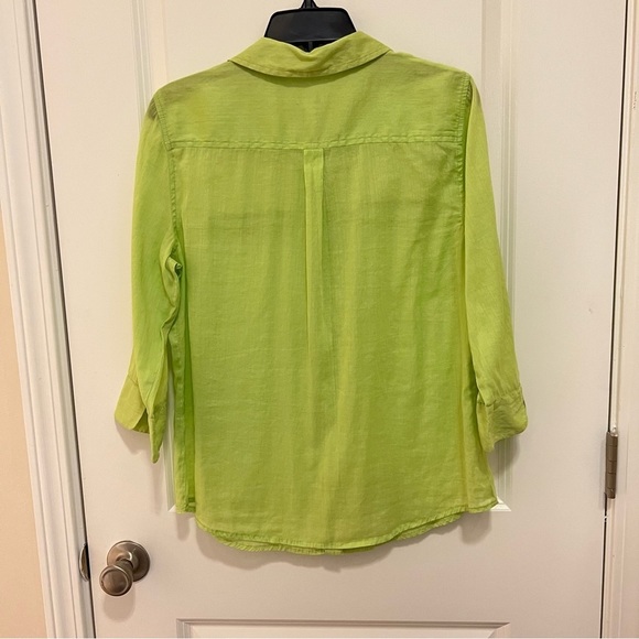 Chico's Button Up Top Size 1 (Medium) Yellow Green Ramie Cotton 3/4 Sleeve Sheer - Picture 2 of 12